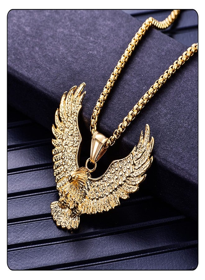 Fusamk Punk Rock Stainless Steel Animal Eagle Tag Pendant Wings Necklace(Gold) - Image 5