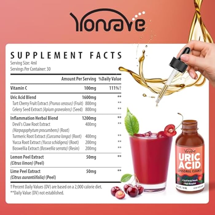 Yonrave Liposomal Uric Acid Drops, Tart Cherry Supplement with Celery Seed & Boswellia Extract – Muscle, Detox, Joint and Kidney, Uric Acid Cleanse Liquid Supplement– 4 FL OZ (2 Bottle) - Image 2