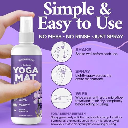 Durabasics Yoga Mat Cleaner Spray – Lavender Scent – 2 Pack (4 oz Each) with Microfiber Towel – Mat Spray Cleaner for Sweat & Odor – Quick-Dry, No Rinse Formula for Gear & Gym Equipment - Image 2