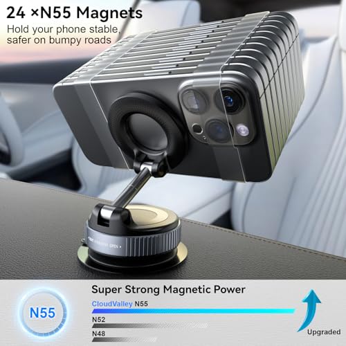 CloudValley Magnetic Car Phone Mount, [Compatible with MagSafe] 360° Adjustable Foldable Holder for Dashboard, 80LBS Suction & 2800gf Magnet, Car Accessories for iPhone 17/16 Pro Max 15 14, Black - Image 4