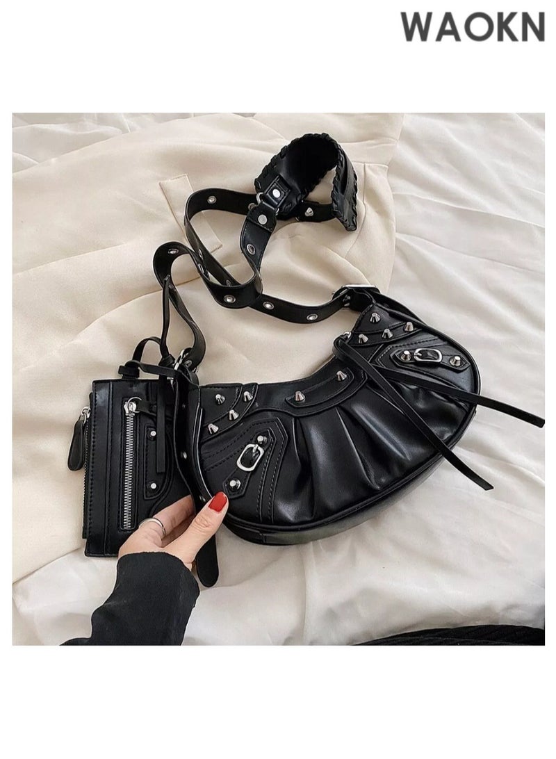 WAOKN Women's Rivet Shoulder Bag with Integrated Small Card Holder, Ladies New Fashion Armpit Bag Crossbody Bag Sling Bag Side Bag Carry Bag,Fashionable Pleated Wallet Coin Purse,for Runing,Shopping,Travel