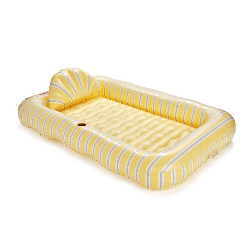 FUNBOY Tanning Pool Lounger Float Yellow & Blue Stripe, XL 72" x 48" with Pillow and Large Cup Holder - Image 1