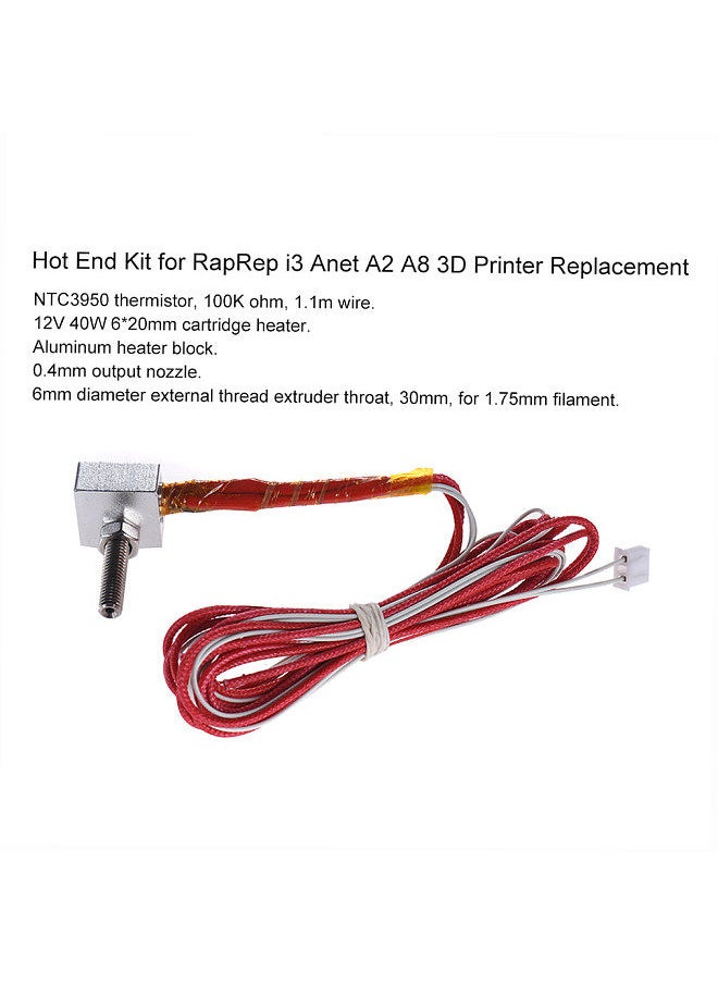 Generic - DIY Hot End Kit 0.4mm Nozzle & M6 30mm Extruder Throat & 12V 40W Heater & NTC 3950 Thermistor & Aluminum Heater Block for RapRep i3 A2 A8 3D Printer Replacement - Image 1