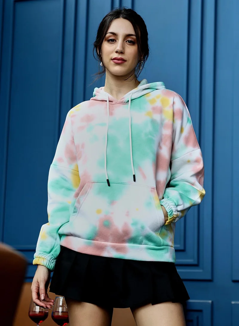 PINACOLADA Women's Tie-Dye Oversized Pullover Hoodie | Hooded Neck , Long Ribbed-Cuff Sleeves, Pull On Closure | Abstract Print Fleece Knitted Shirt For Casual & Daily Wear | Mint Green:Rouge Pink