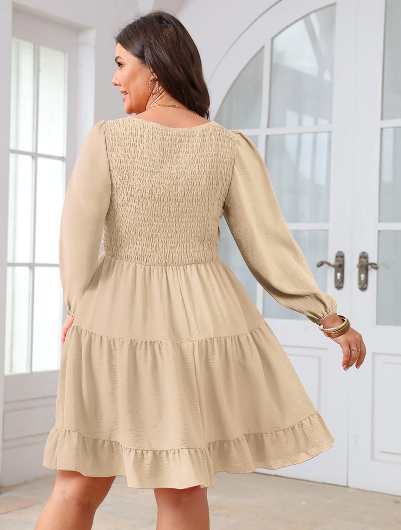 SCOMCHIC Women's Plus Size Dresses Cocktail Long Sleeve Sweetheart Neckline A Line Boho Cute Flowy Fall Mini Short Dress Beige - Image 5