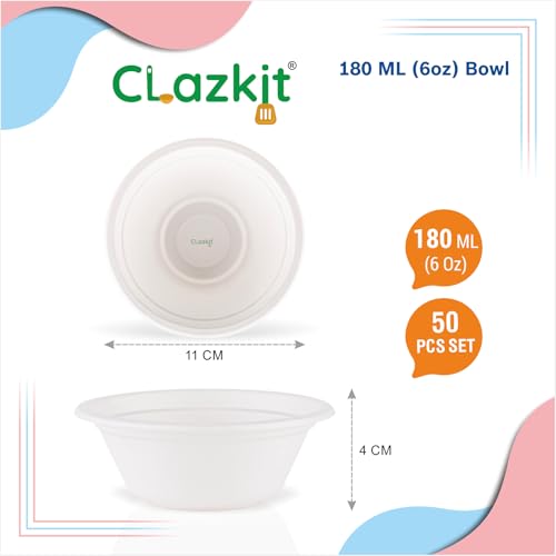Clazkit 180 Ml, 50-Pack Round Compostable Bagasse Bowls | Disposable Eco-Friendly Biodegradable Dinner | Party, Wedding, Event, White - Image 2