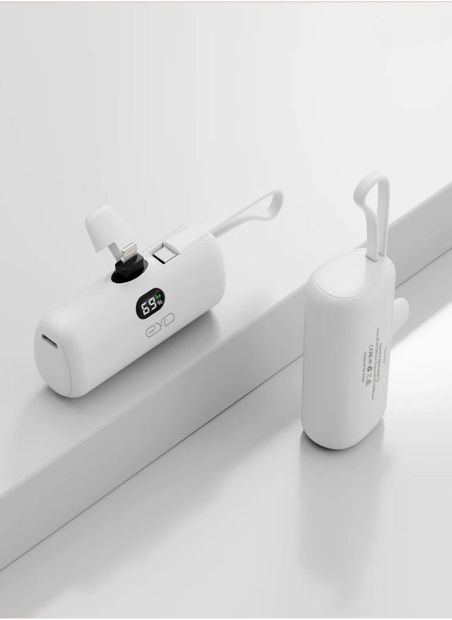 AOLON - Aolon 5000 mAh Power Bank with Built-in USB-C Connector, Fast Charging and iPhone Charging Premium Mini Capsule 5000mAh, 22.5W USB-C Power Delivery, LED Display and Foldable Stand, PowerUp-C white - Image 1