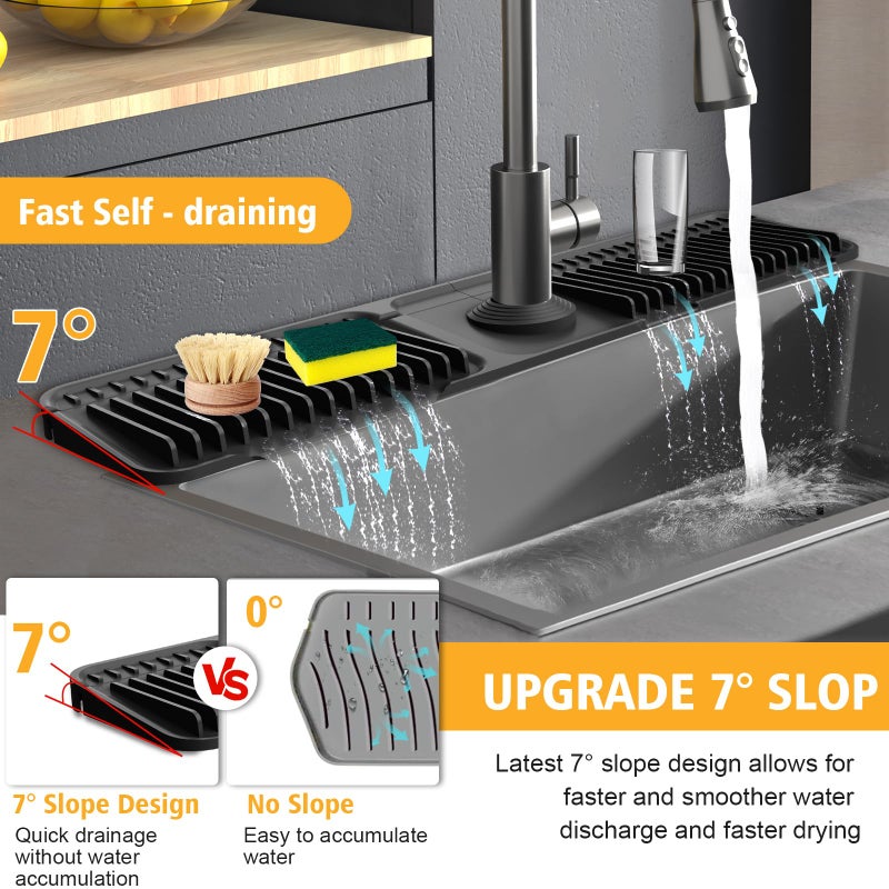 Hugro Tarfive 24-Inch Kitchen Sink Splash Guard Mat | 7Â° Slope for Fast Self-Draining | Snap-Lock Design | Universal & Cuttable Silicone Faucet Mat (Black) - Image 4