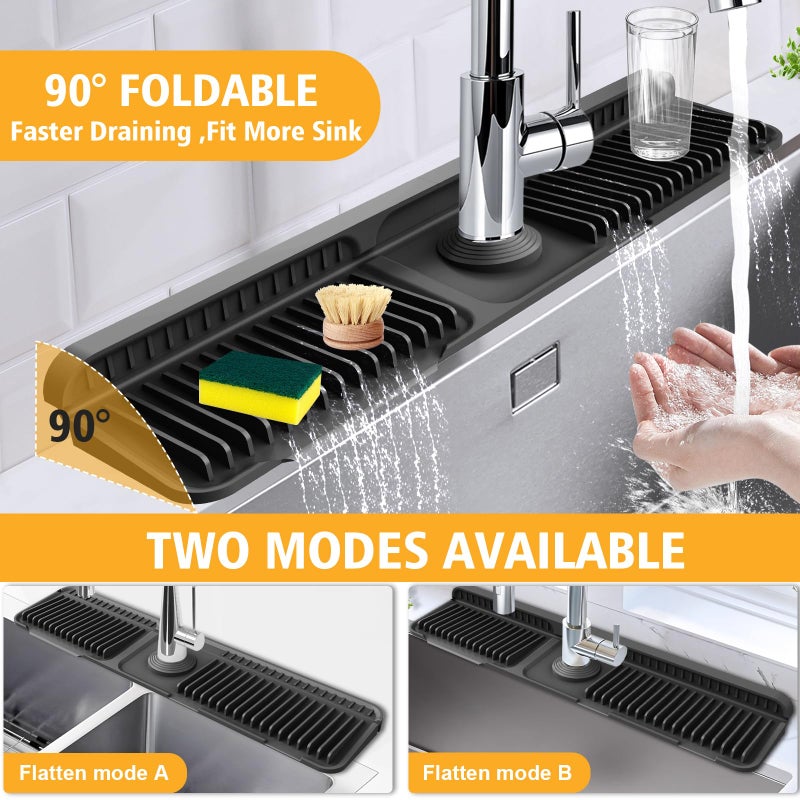 Hugro Tarfive 24-Inch Kitchen Sink Splash Guard Mat | 7Â° Slope for Fast Self-Draining | Snap-Lock Design | Universal & Cuttable Silicone Faucet Mat (Black) - Image 5
