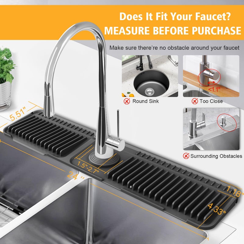 Hugro Tarfive 24-Inch Kitchen Sink Splash Guard Mat | 7Â° Slope for Fast Self-Draining | Snap-Lock Design | Universal & Cuttable Silicone Faucet Mat (Black) - Image 3