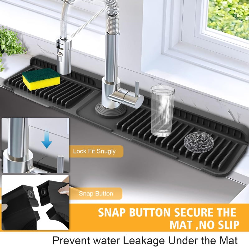 Hugro Tarfive 24-Inch Kitchen Sink Splash Guard Mat | 7Â° Slope for Fast Self-Draining | Snap-Lock Design | Universal & Cuttable Silicone Faucet Mat (Black) - Image 2