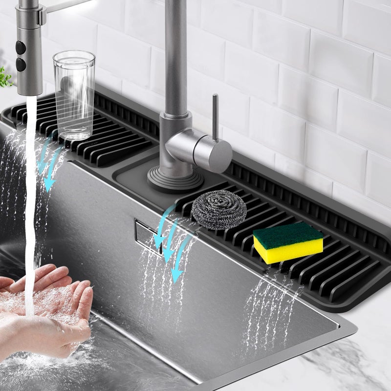 Hugro Tarfive 24-Inch Kitchen Sink Splash Guard Mat | 7Â° Slope for Fast Self-Draining | Snap-Lock Design | Universal & Cuttable Silicone Faucet Mat (Black) - Image 1