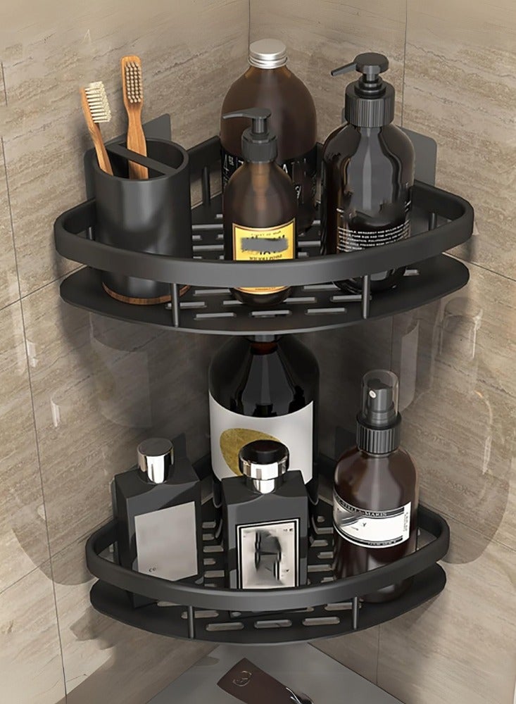 دوغي رف دش، 2 قطعة منظمات حمام بدون حفر، مع خطاطيف قابلة للإزالة، أرفف دش مقاومة للصدأ، حامل دش مثبت على الحائط، أسود. - Image 1