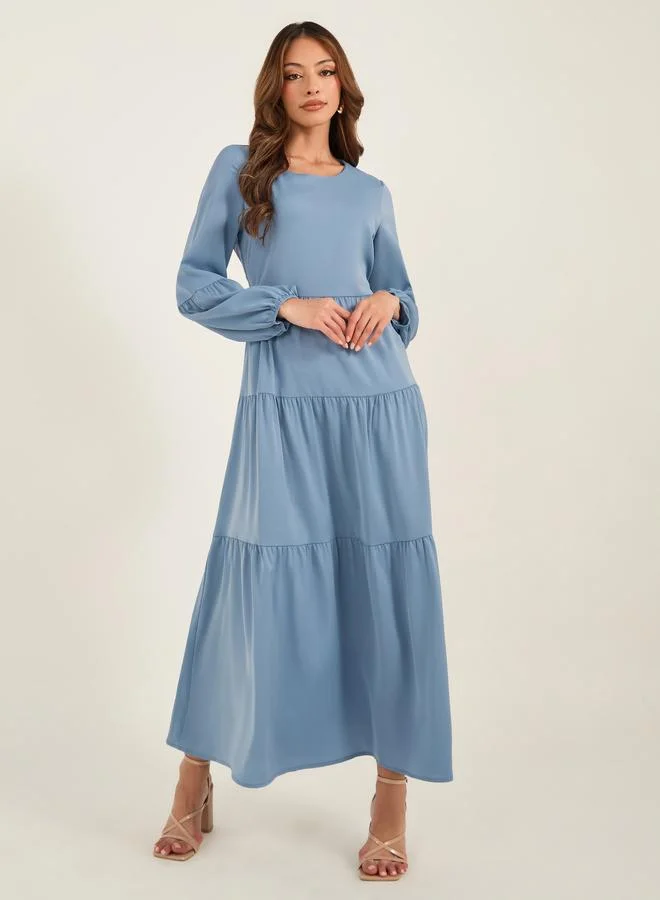 ستايلي Styli Solid Balloon Sleeve Tiered Maxi Dress