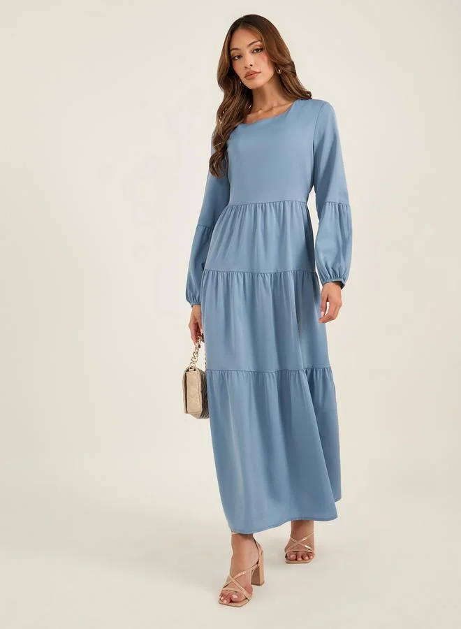 ستايلي Styli Solid Balloon Sleeve Tiered Maxi Dress