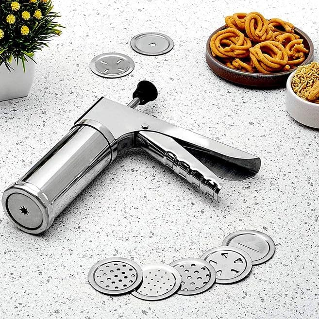 MRP ENTERPRISE Stainless Steel Kitchen Press with 15 Different Types of Maker Bhujiya Maker Noodles Cookies Namkeen Chakali Maker Sev Maker Farsan Maker Gathiya Maker  - Image 5