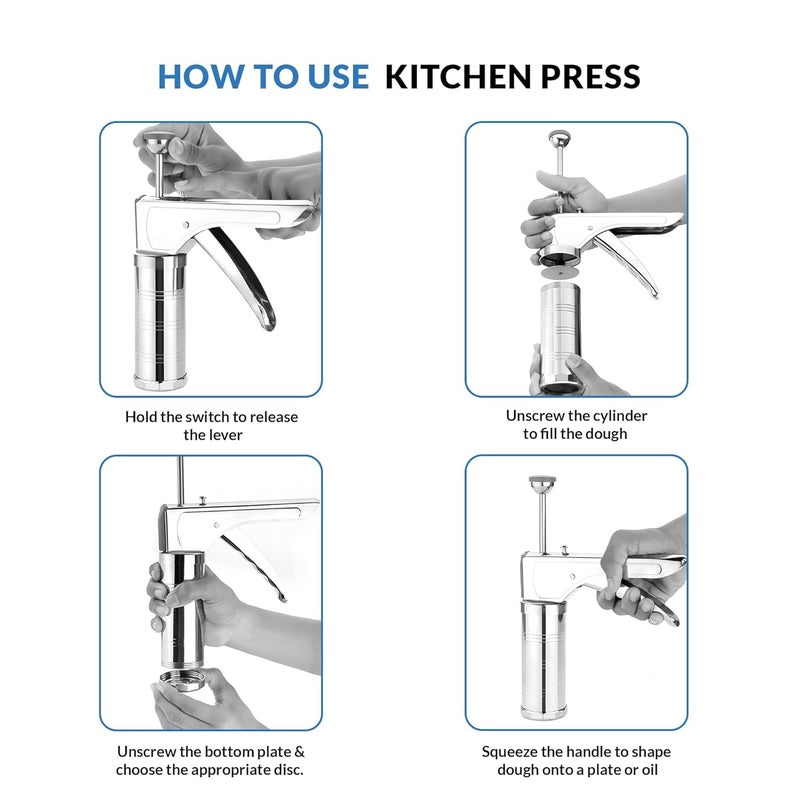 MRP ENTERPRISE Stainless Steel Kitchen Press with 15 Different Types of Maker Bhujiya Maker Noodles Cookies Namkeen Chakali Maker Sev Maker Farsan Maker Gathiya Maker  - Image 4