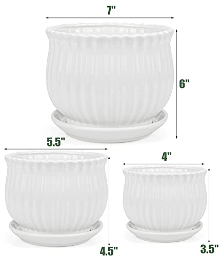 Yesland Ceramic Flower Plant Pots with Saucer, Set of 3 in Different Sizes, Modern Round Ceramic Succulent Planter Pots with White Stripe Texture for Garden - Image 3