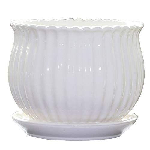 Yesland Ceramic Flower Plant Pots with Saucer, Set of 3 in Different Sizes, Modern Round Ceramic Succulent Planter Pots with White Stripe Texture for Garden - Image 5