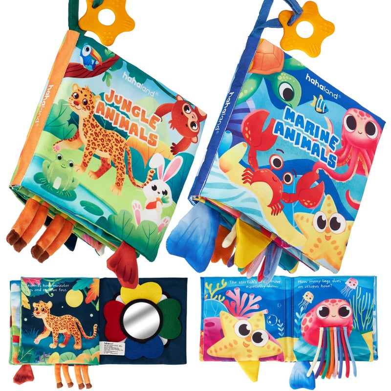 hahaland Baby Books 0-6 Months - 2 PCS Sensory Montessori Toys for Babies 0-6 Months with Crinkle Squeaky Sounds, Mirrors, Teethers - Soft Cloth Tummy Time Book Newborn Infant Toys - Image 1