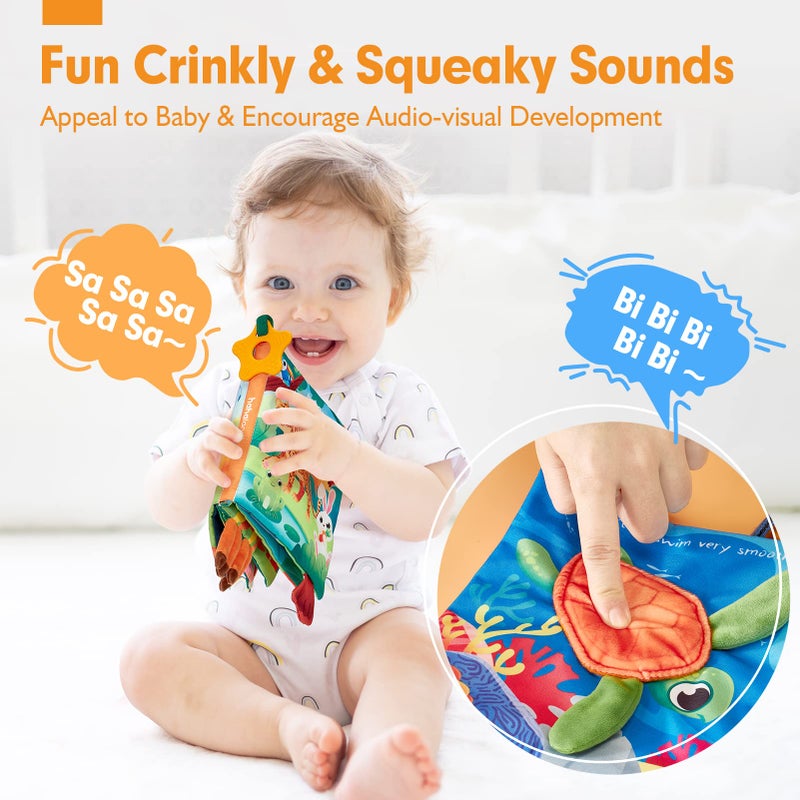 hahaland Baby Books 0-6 Months - 2 PCS Sensory Montessori Toys for Babies 0-6 Months with Crinkle Squeaky Sounds, Mirrors, Teethers - Soft Cloth Tummy Time Book Newborn Infant Toys - Image 4