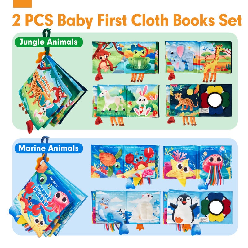 hahaland Baby Books 0-6 Months - 2 PCS Sensory Montessori Toys for Babies 0-6 Months with Crinkle Squeaky Sounds, Mirrors, Teethers - Soft Cloth Tummy Time Book Newborn Infant Toys - Image 2