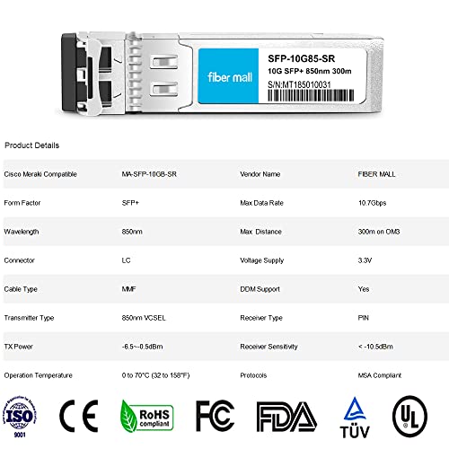fiber mall 10G SFP SR for Cisco Meraki MA-SFP-10GB-SR 10GBASE-SR SFP+ 850nm 300m MMF DOM Transceiver Module Pack of 10 - Image 3