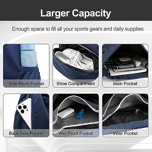 Hoedia Sports Drawstring Backpack - String Swim Gym Bag with Shoes Compartment and Wet Proof Pocket for Women/Men (Navy Blue) - Image 4