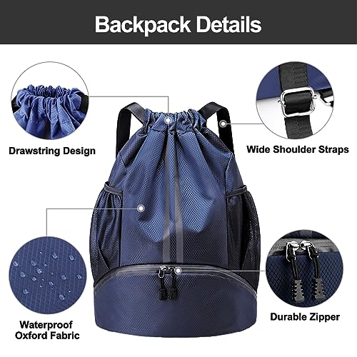 Hoedia Sports Drawstring Backpack - String Swim Gym Bag with Shoes Compartment and Wet Proof Pocket for Women/Men (Navy Blue) - Image 5