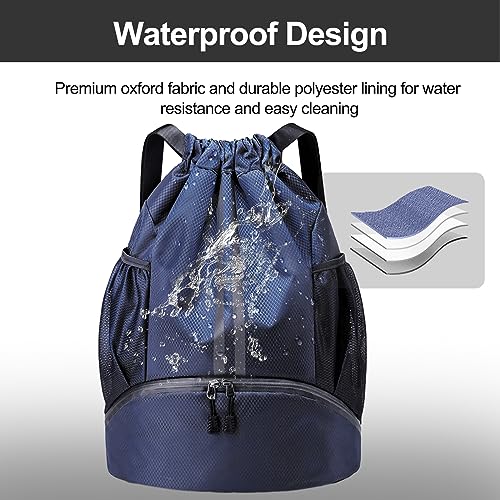 Hoedia Sports Drawstring Backpack - String Swim Gym Bag with Shoes Compartment and Wet Proof Pocket for Women/Men (Navy Blue) - Image 3