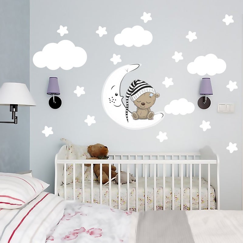 Tilki Dünyası Fox World Sleeping Teddy Bear White Stars and Clouds Decorative Baby Kids Room Wall Sticker  - Image 1