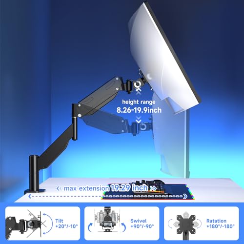 Pholiten Premium Aluminum Heavy Duty Monitor Arm, Ultrawide Monitor Mount with Clamp/Grommet Mounting Base, Adjuastable Gas Spring Arm for up to 43 inchs and 28.6lbs, Black - Image 4