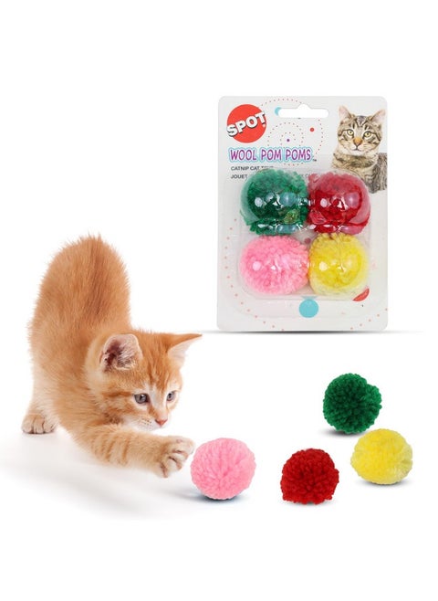 SPOT Wool Pom Poms Cat Toy - Interactive Wool Balls Cat Toy with Catnip for Cats and Kittens to Bite, Swat and Chase - 1.5 inch, 4 pcs