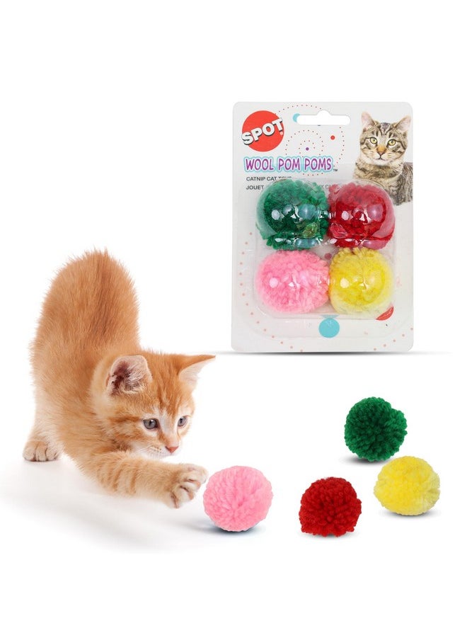 SPOT Wool Pom Poms Cat Toy - Interactive Wool Balls Cat Toy with Catnip for Cats and Kittens to Bite, Swat and Chase - 1.5 inch, 4 pcs