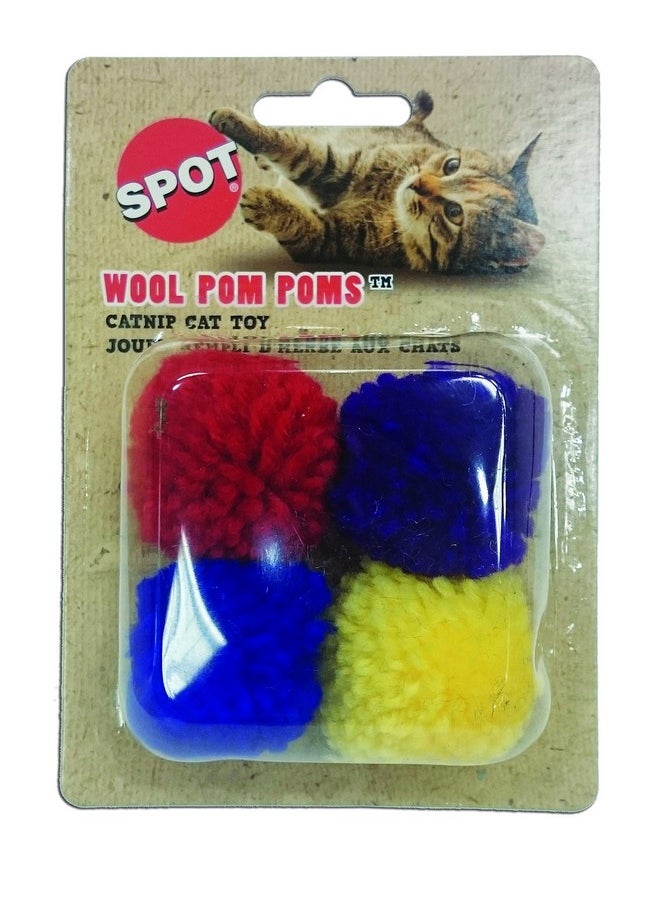 SPOT Wool Pom Poms Cat Toy - Interactive Wool Balls Cat Toy with Catnip for Cats and Kittens to Bite, Swat and Chase - 1.5 inch, 4 pcs