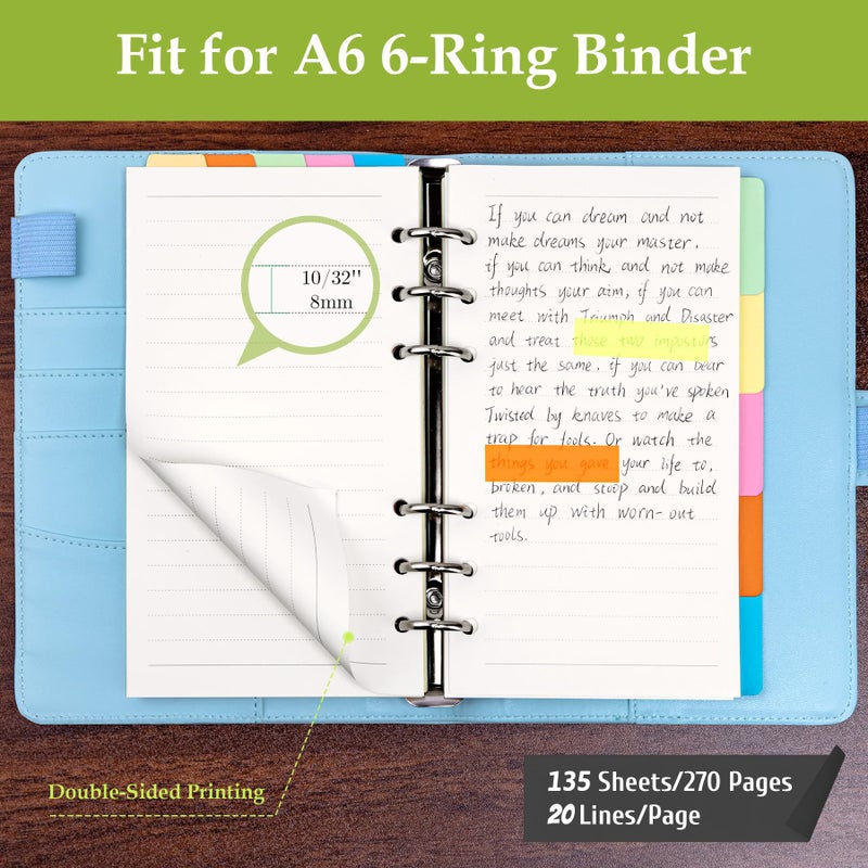 Antner أنتنر A6 إعادة تعبئة ورق مخطط إدراجات لدفتر ملاحظات A6 6 حلقات، 135 ورقة ورق تعبئة مخطط، 3 جيوب مجلدة و 10 فواصل و 160 قطعة علامات لاصقة نيون لمخططات شخصية قابلة لإعادة التعبئة، - Image 3