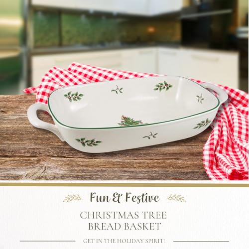 Spode Christmas Tree Oval Breadbasket, 14 Inch x 7.5 Inch Handled Bowl for Fruit, Bread, Cookies - Porcelain Gift, Holiday Serveware & Oven to Table Dish, Dishwasher Safe Tableware - Image 2
