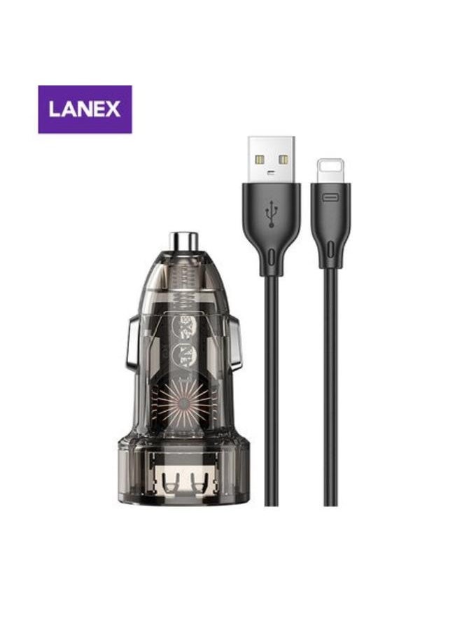 LANEX - LANEX LQ11L 3.1A DUAL USB PORTS CAR CHARGER KITS - LIGHTNING CABLE (TRANSPARENT) - BLACK - Image 1