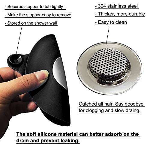Seatery 2PCS Bathtub Stopper Hair Catcher Kit, Bathtub Drain Strainer, Tub Stopper Plug Cover, Sink Filter, Silicone Drain Stopper for Bathroom, Laundry (Black) - Image 4