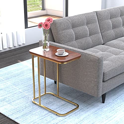 DECOWORLD|| Premium Side Table || Metal Side Table with Wooden Top || End Table for Living Room, Sofa C Type Table or Bed Side Stand (Golden) - Image 1