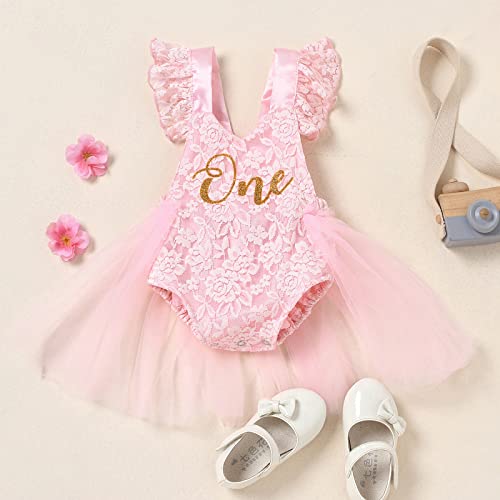 IBAKOM Baby Girl First Birthday Outfit Lace Tulle Romper Princess Tutu Dress One Year Old Birthday Cake Smash Photography Clothes Pink +Crown 9-12 Months - Image 2