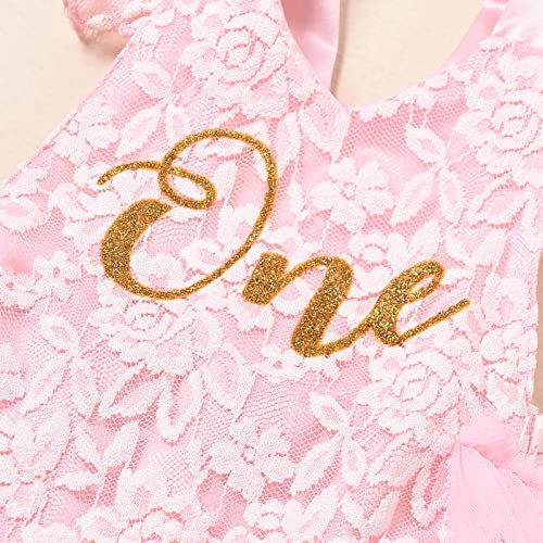 IBAKOM Baby Girl First Birthday Outfit Lace Tulle Romper Princess Tutu Dress One Year Old Birthday Cake Smash Photography Clothes Pink +Crown 9-12 Months - Image 5