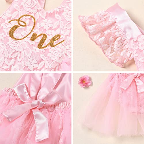 IBAKOM Baby Girl First Birthday Outfit Lace Tulle Romper Princess Tutu Dress One Year Old Birthday Cake Smash Photography Clothes Pink +Crown 9-12 Months - Image 4