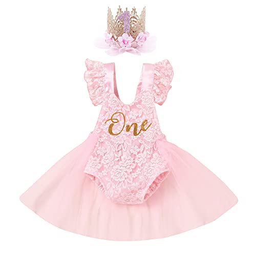 IBAKOM Baby Girl First Birthday Outfit Lace Tulle Romper Princess Tutu Dress One Year Old Birthday Cake Smash Photography Clothes Pink +Crown 9-12 Months - Image 1