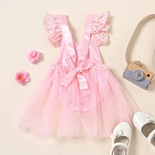 IBAKOM Baby Girl First Birthday Outfit Lace Tulle Romper Princess Tutu Dress One Year Old Birthday Cake Smash Photography Clothes Pink +Crown 9-12 Months - Image 3