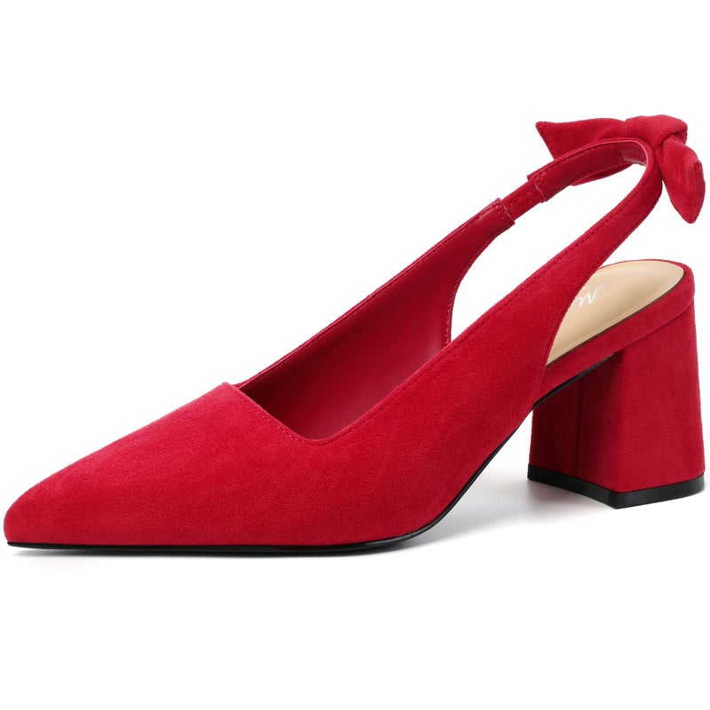 Mostrin Red Block Slingback Heels for Women Suede Pointed Closed Toe Chunky Heels Bow Women's Pumps for Office Work Business Casual - Image 1