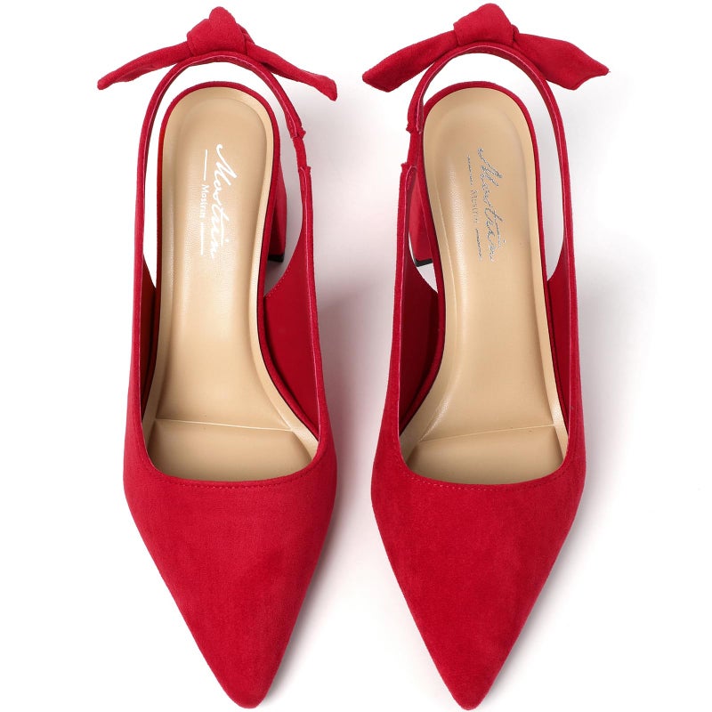 Mostrin Red Block Slingback Heels for Women Suede Pointed Closed Toe Chunky Heels Bow Women's Pumps for Office Work Business Casual - Image 4