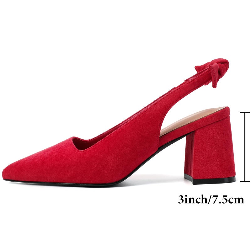 Mostrin Red Block Slingback Heels for Women Suede Pointed Closed Toe Chunky Heels Bow Women's Pumps for Office Work Business Casual - Image 5