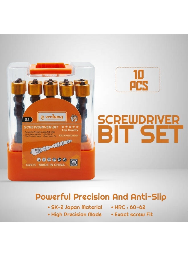 10 Pcs Magnetic Screwdriver Bit Set 65mm, PH2 Phillips S2 Steel Driver Bits with Magnetic Ring, Anti-Slip Precision Screw Bits for Electric Drill, Impact Driver & Screw Gun - Image 1