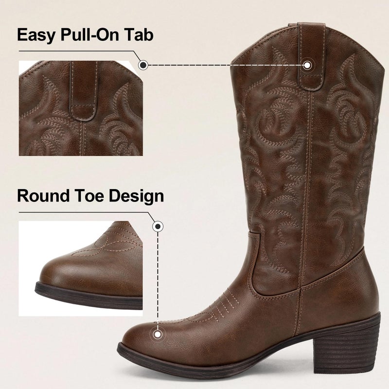 Vepose Women's Cowboy Boots Western Cowgirl Round Toe Mid Calf Boots,Whisky,Size 8M US(CJY9801 Whisky 08) - Image 4